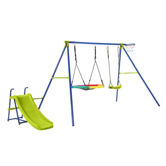 4-in-1 Heavy-Duty Metal Playset with Slide and Basketball Hoop - Color: Multicolor - Minihomy