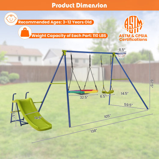 4-in-1 Heavy-Duty Metal Playset with Slide and Basketball Hoop - Color: Multicolor - Minihomy