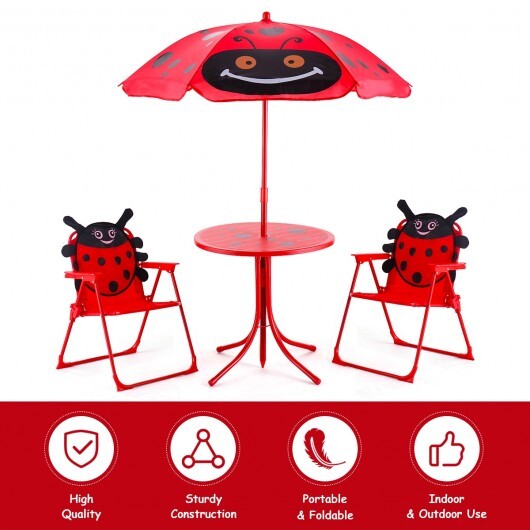 Kids Patio Folding Table and Chairs Set Beetle with Umbrella - Minihomy