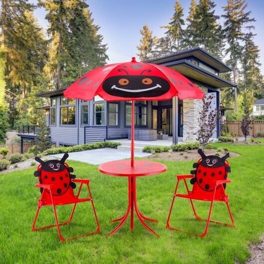 Kids Patio Folding Table and Chairs Set Beetle with Umbrella - Color: Red - Minihomy