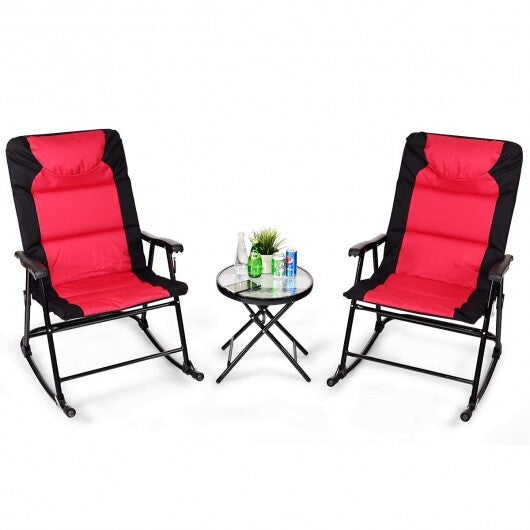 3 Pcs Outdoor Folding Rocking Chair Table Set with Cushion-Black&Red - Color: Red - Minihomy