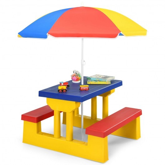 Kids Picnic Folding Table and Bench with Umbrella-Yellow - Color: Yellow - Minihomy