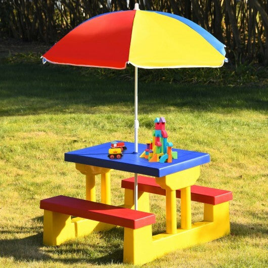 Kids Picnic Folding Table and Bench with Umbrella-Yellow - Color: Yellow - Minihomy