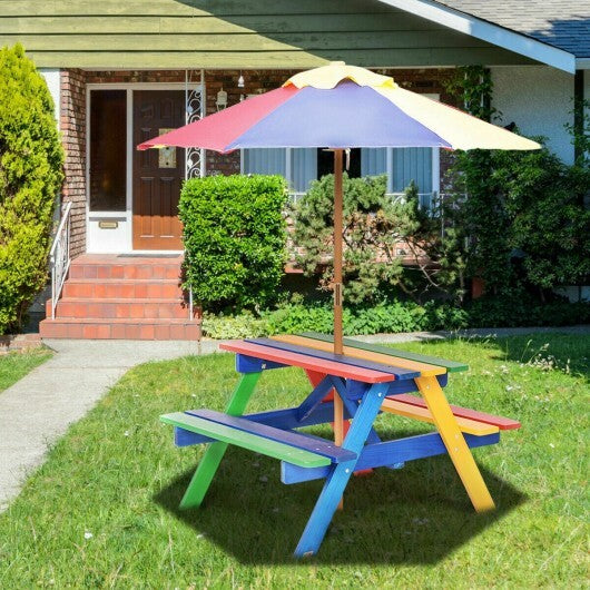 4 Seat Kids Picnic Table with Umbrella-Multicolor - Color: Multicolor - Minihomy