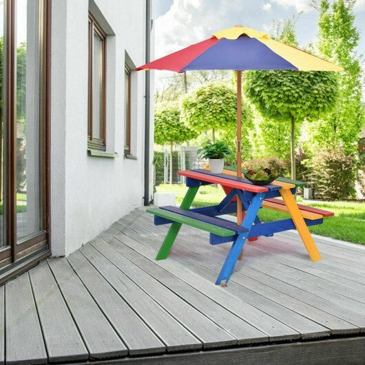 4 Seat Kids Picnic Table with Umbrella-Multicolor - Color: Multicolor - Minihomy