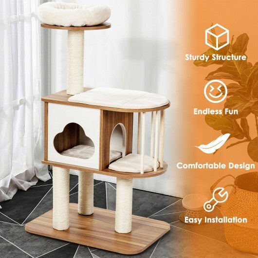 46 Inch Wooden Cat Activity Tree with Platform and Cushionsfor for Cats and Kittens - Minihomy