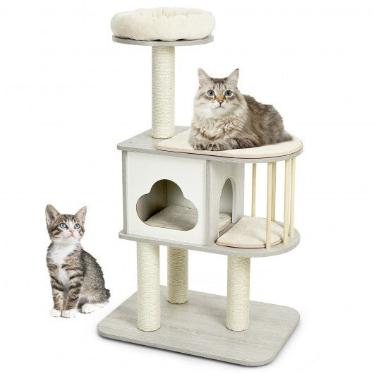 46 Inch Wooden Cat Activity Tree with Platform and Cushionsfor for Cats and Kittens - Minihomy