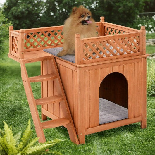 Wooden Dog House with Stairs and Raised Balcony for Puppy and Cat