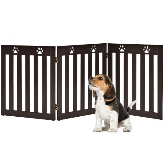 24 Inch Folding Wooden Freestanding Dog Gate with 360? Flexible Hinge for Pet-Dark Brown - Minihomy