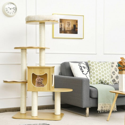 4 Levels Modern Wood Cat Tower with Washable Mats-Walnut - Minihomy