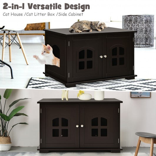 Large Wooden Cat Litter Box Enclosure Hidden Cat Washroom with Divider - Color: Brown - Minihomy