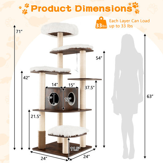 7-Layer Wooden Cat Tree Tall Cat Tower with Sisal Posts and Condo-Brown - Color: Brown - Minihomy