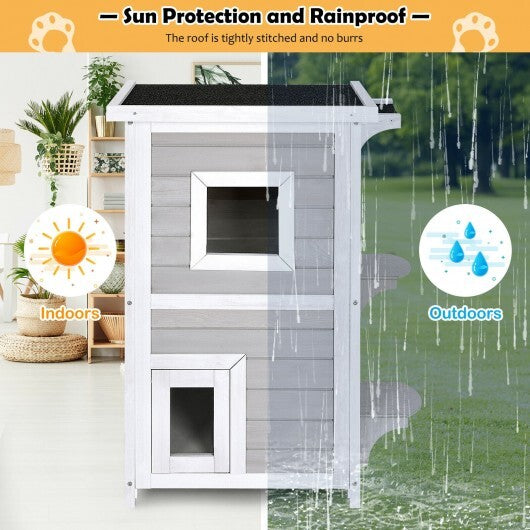 2-Story Wooden Cat House with Escape Door Rainproof - Color: Gray & White - Minihomy