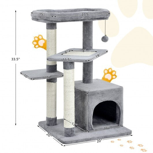 Cat Tree with Perch and Hanging Ball for Indoor Activity Play and Rest-Gray - Minihomy