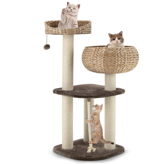 41 Inch Rattan Cat Tree with Napping Perch-Beige - Minihomy