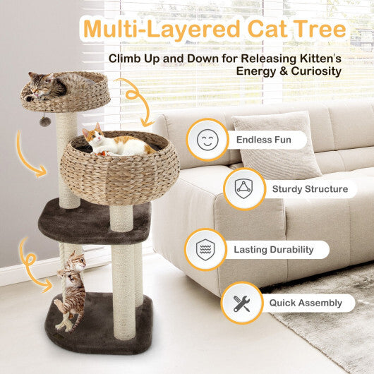 41 Inch Rattan Cat Tree with Napping Perch-Beige - Minihomy