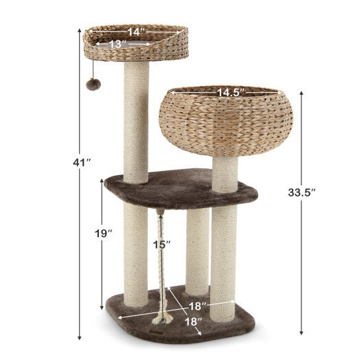 41 Inch Rattan Cat Tree with Napping Perch-Beige - Minihomy