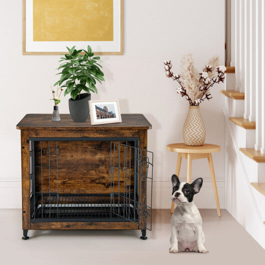 Wooden Dog Crate Furniture with Tray and Double Door-Brown - Color: Brown