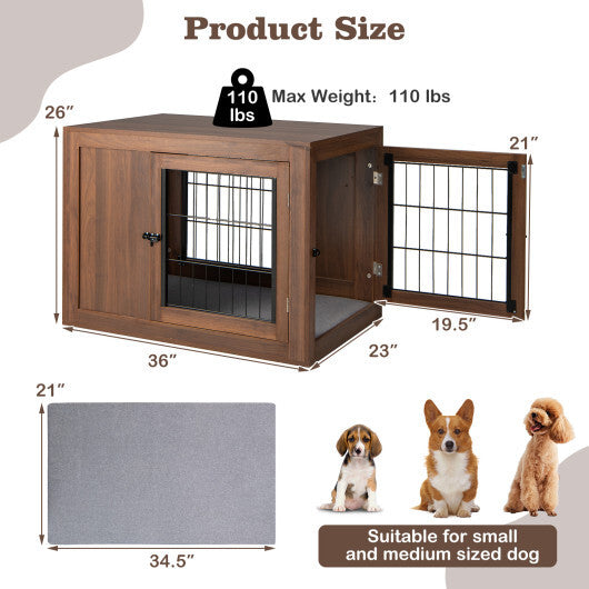 Furniture Dog Crate with Cushion and Double Doors-Walnut - Color: Walnut - Minihomy