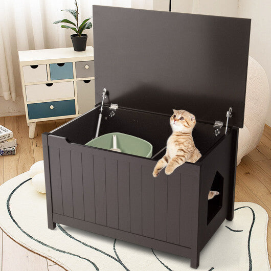 Wooden Cat Litter Box Enclosure with Top Opening Side Table Furniture-Coffee - Color: Brown