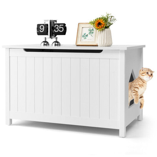 Wooden Cat Litter Box Enclosure with Top Opening Side Table Furniture-White - Color: White