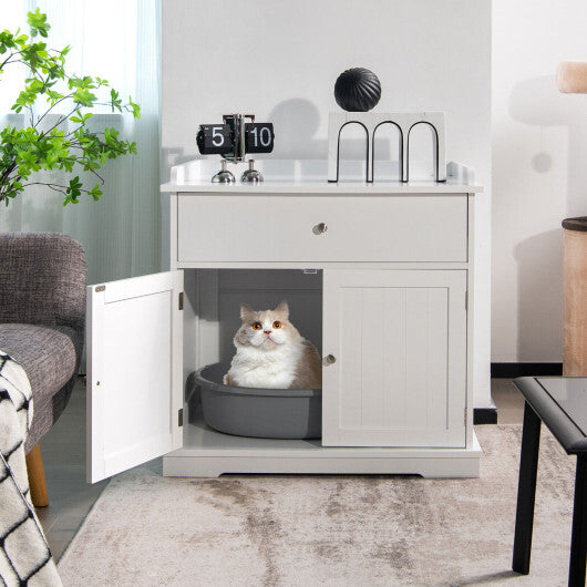 Wooden Cat Litter Box Enclosure with Drawer Side Table Furniture-White - Color: White