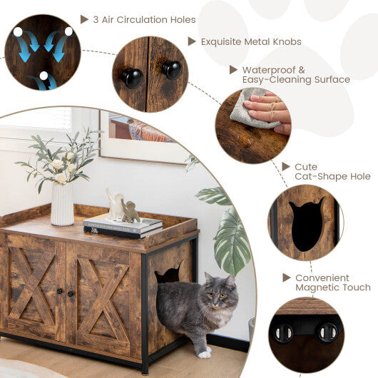 Cat Litter Box Enclosure with Double Doors and Adjustable Footpads-Brown - Color: Brown - Minihomy