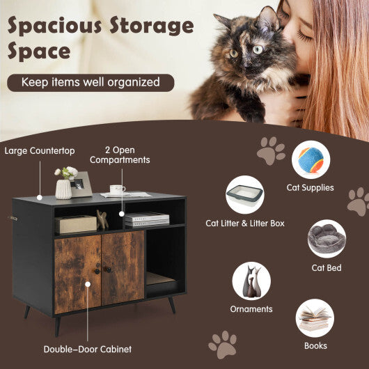 Cat Litter Box Enclosure with Storage Compartments and Pet Scratcher - Color: Rustic Brown - Minihomy