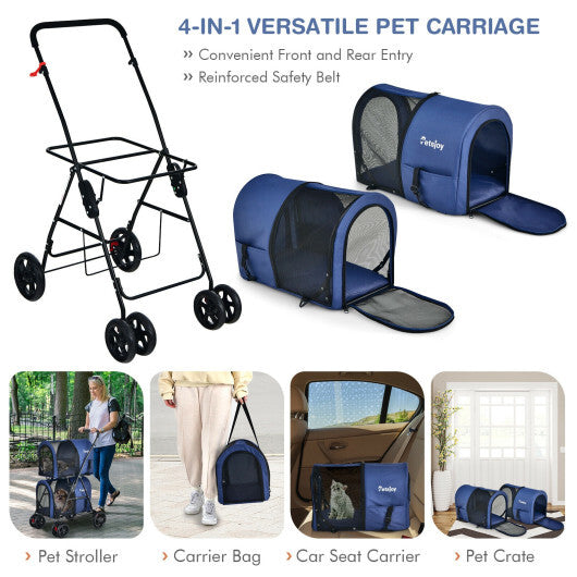 4-in-1 Double Pet Stroller with Detachable Carrier and Travel Carriage-Beige - Minihomy