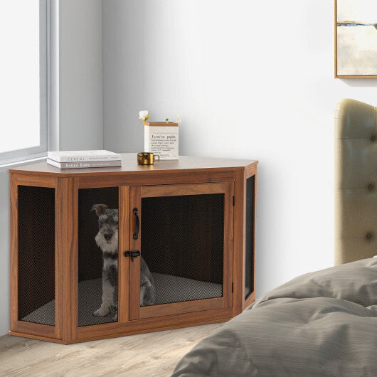 Corner Dog Kennel with Mesh Door and Cushion-Brown - Color: Brown - Minihomy