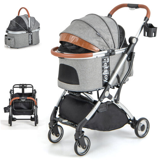 Foldable Dog Cat Stroller with Removable Waterproof Cover-Dark Gray - Color: Dark Gray - Minihomy