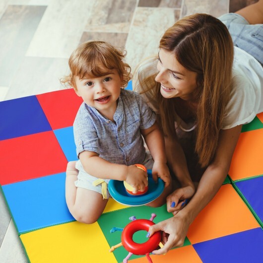 58 Inch Toddler Foam Play Mat Baby Folding Activity Floor Mat-Light Blue - Minihomy