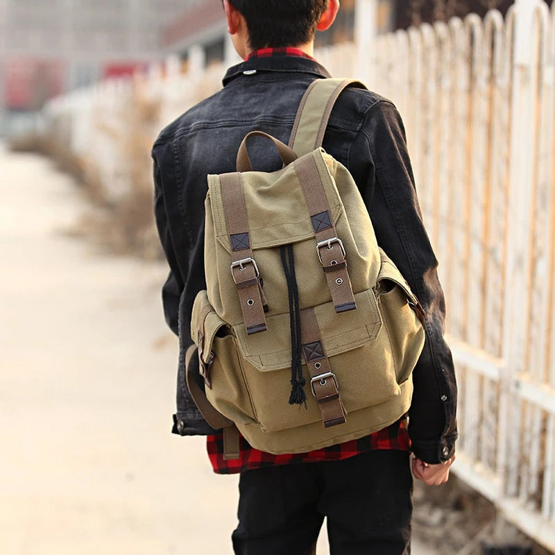 Men's Backpack Large Capacity Canvas Bucket Bag Casual Men's Bag Travel Bag Primary and Secondary School Bags - Minihomy