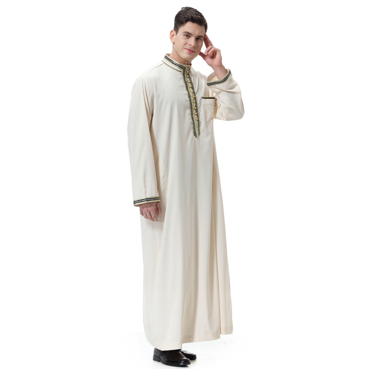 Muslim Arab Middle East Men's Applique Stand Collar Robe - Minihomy