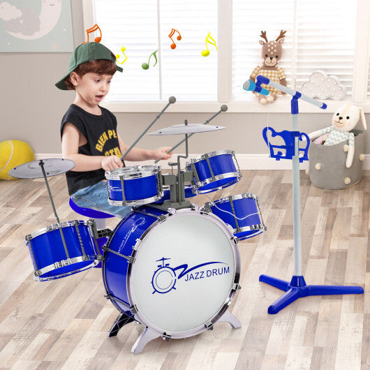 Kids Jazz Drum Keyboard Set with Stool and Microphone Stand-Blue - Color: Blue - Minihomy