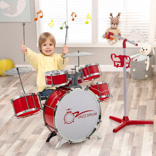 Kids Jazz Drum Keyboard Set with Stool and Microphone Stand-Red - Color: Red - Minihomy