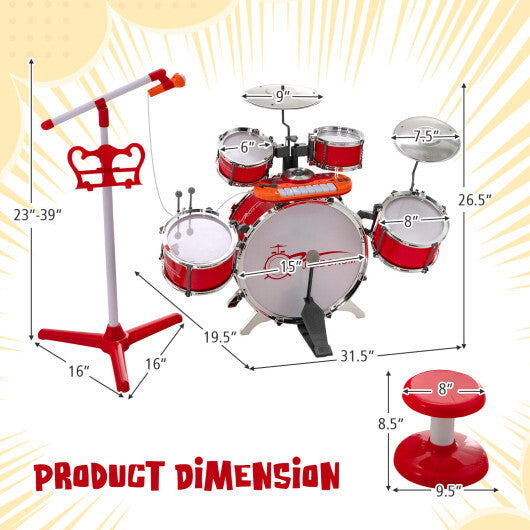 Kids Jazz Drum Keyboard Set with Stool and Microphone Stand-Red - Color: Red - Minihomy