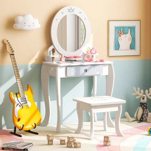 Kids 2-in-1 Princess Makeup Table and Chair Set with Removable Mirror-White - Color: White - Minihomy