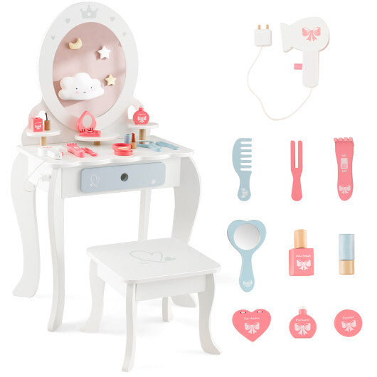 Kids 2-in-1 Princess Makeup Table and Chair Set with Removable Mirror-White - Color: White - Minihomy