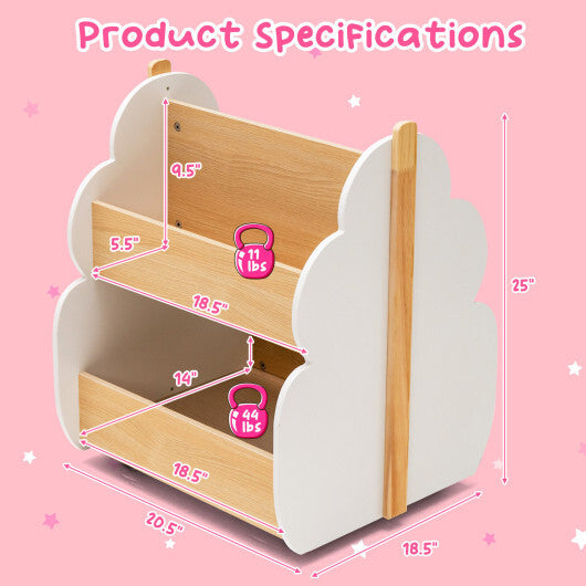 Kids Wooden Bookshelf with Universal Wheels - Color: White - Minihomy