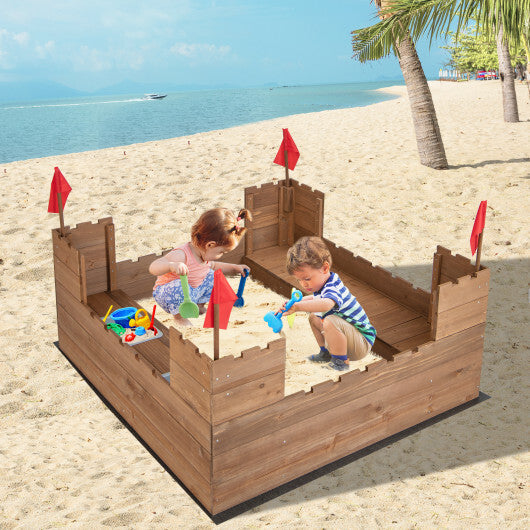 Kids Wooden Sandbox with Bottom Liner and Red Flags - Color: Natural - Minihomy