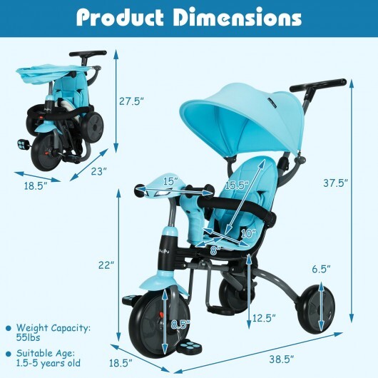 6-in-1 Foldable Baby Tricycle Toddler Stroller with Adjustable Handle-Blue - Color: Blue - Minihomy