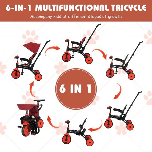 6-in-1 Foldable Baby Tricycle Toddler Stroller with Adjustable Handle-Red - Color: Red - Minihomy