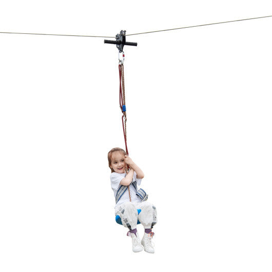 100 Feet Zipline Kit for Backyard Kids Adults with Stainless Steel Spring Brake Seat - Color: Blue - Minihomy