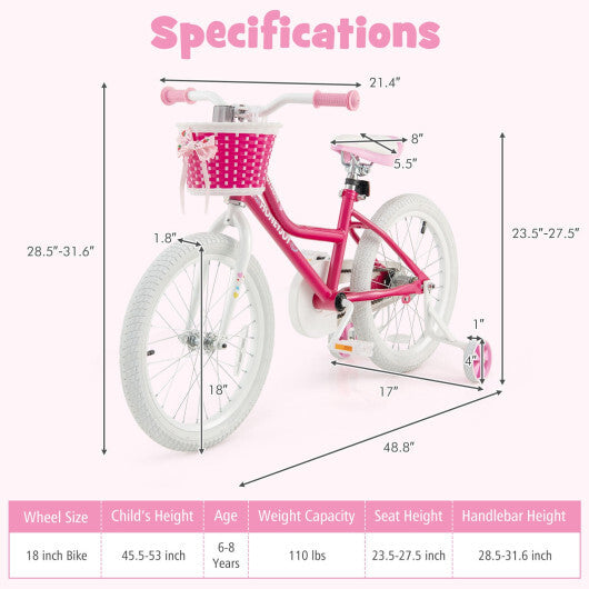 Kids Bicycle 18 Inch Toddler and Kids Bike with Training Wheels for 6-8 Year Old Kids-Pink - Color: Pink - Minihomy