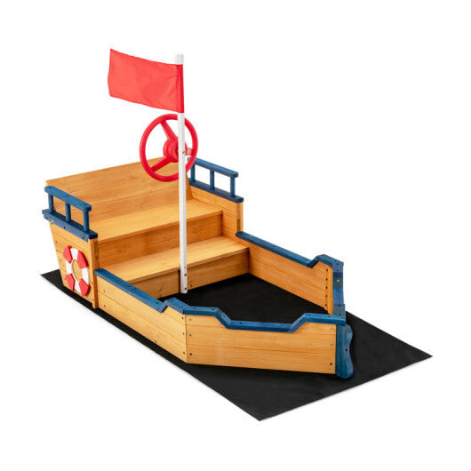 Kids Pirate Boat Wooden Sandbox Children Outdoor Playset - Minihomy