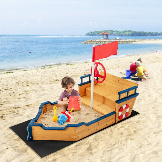 Kids Pirate Boat Wooden Sandbox Children Outdoor Playset - Color: Natural - Minihomy