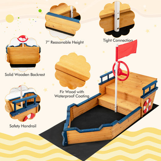 Kids Pirate Boat Wooden Sandbox Children Outdoor Playset - Minihomy