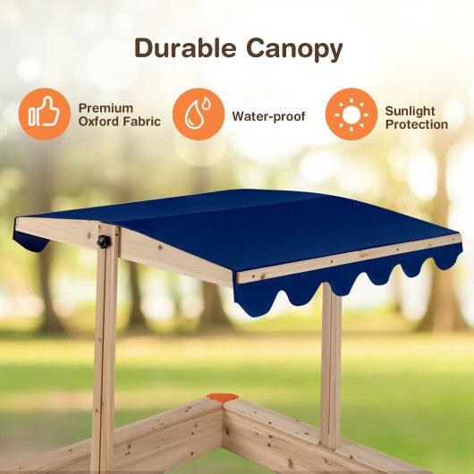 Kids Wooden Sandbox with Height Adjustable and Rotatable Canopy Outdoor Playset - Color: Natural - Minihomy