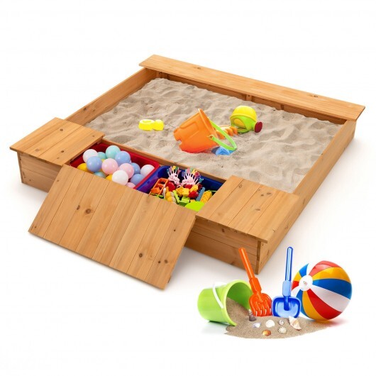 Kids Wooden Sandbox with Bench Seats and Storage Boxes - Minihomy